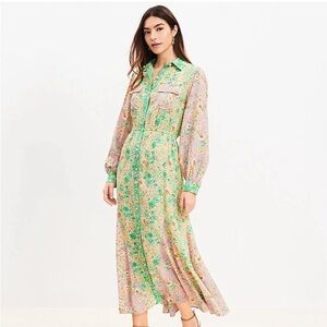 LOFT Floral Maxi Shirtdress – Long Sleeves Boho Cottagecore Prairie Chic Size M